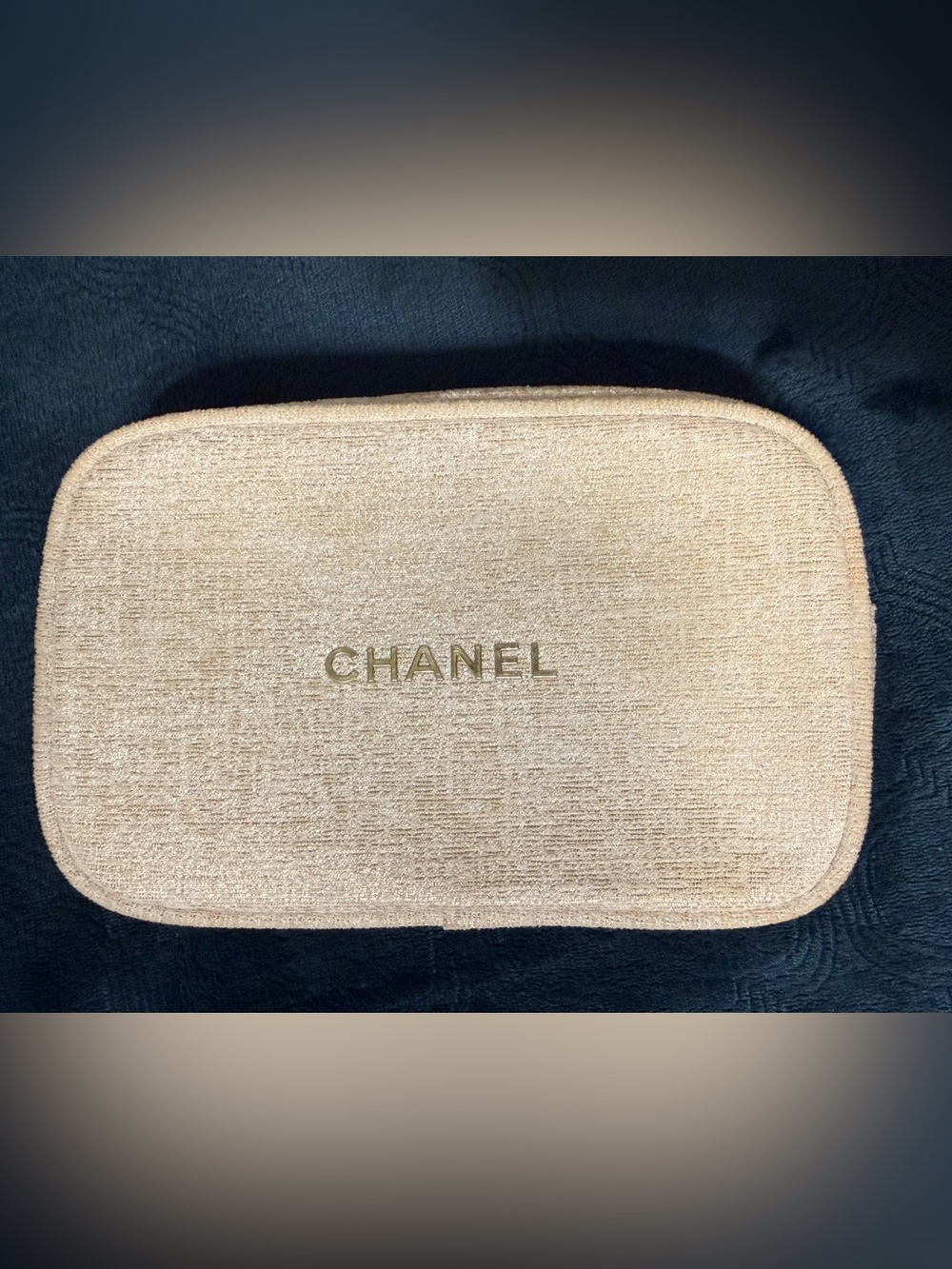 CHANEL Gold Logo Beige Textured Cosmetic Case